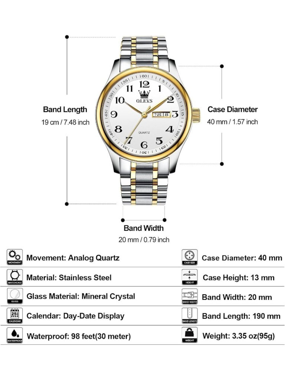 Olevs Mens Silver White Luxury Stainless Steel Gold Analog Quartz Luminous Watch - Picture 5 of 6